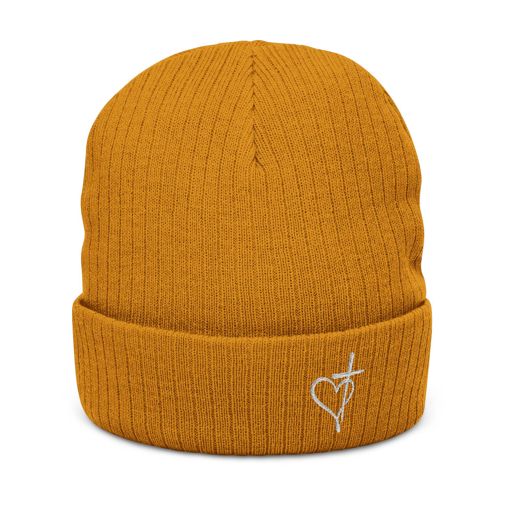 Embroidered Heart & Cross Ribbed Knit Beanie