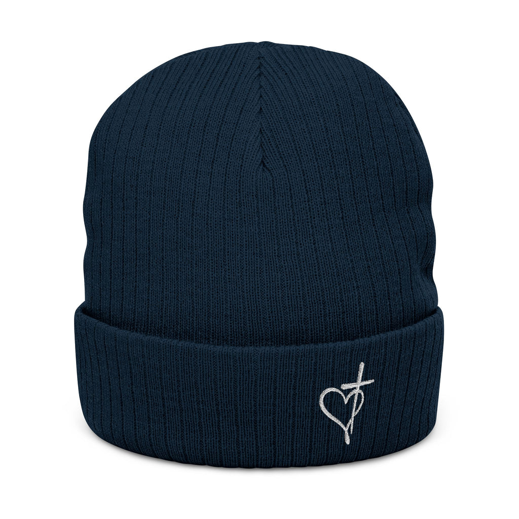 Embroidered Heart & Cross Ribbed Knit Beanie