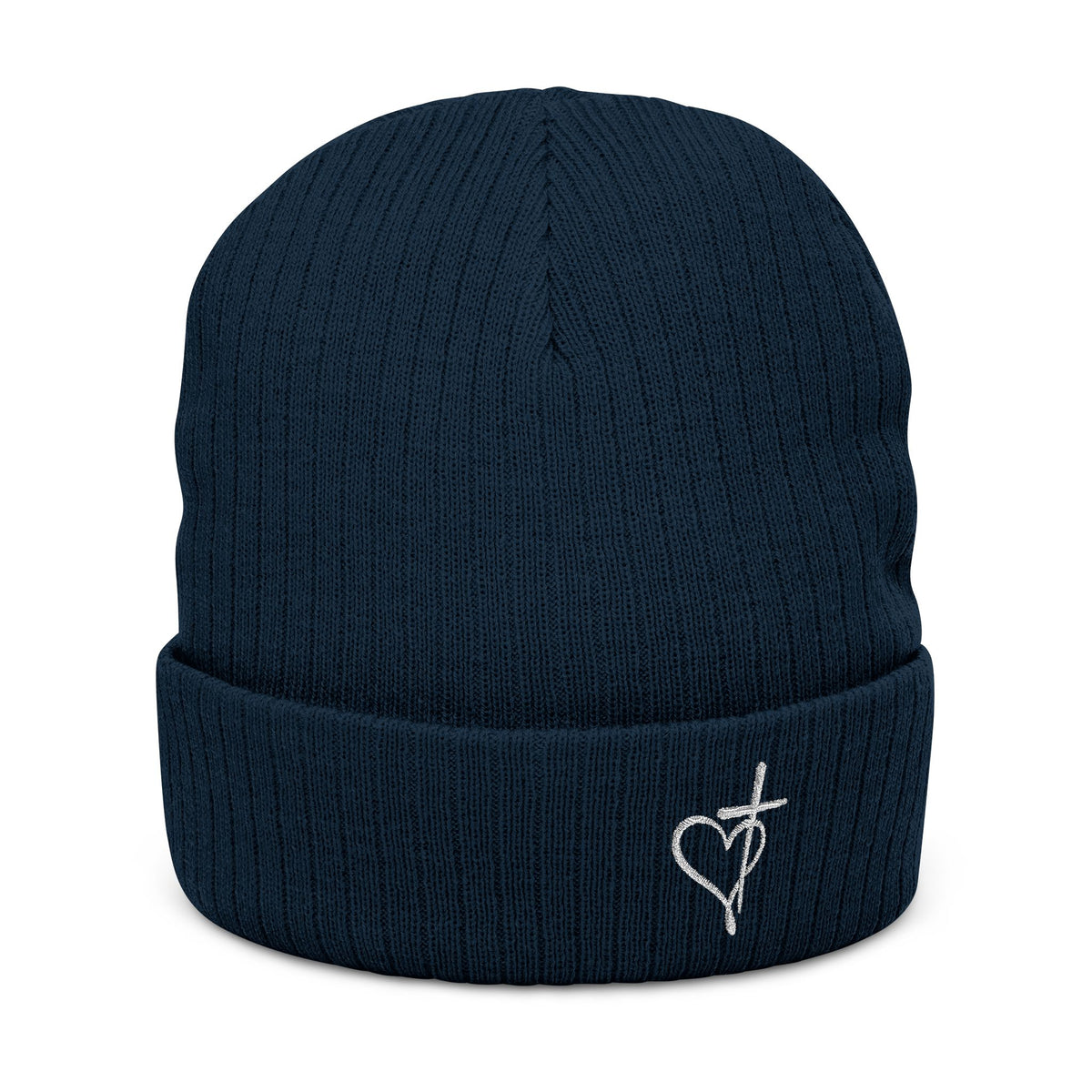 Embroidered Heart & Cross Ribbed Knit Beanie
