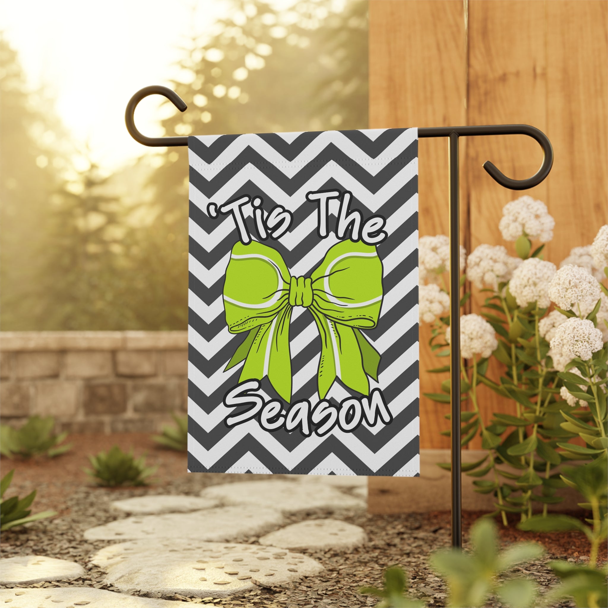 'Tis The Season Garden Flag — Chevron Green Bow Outdoor Banner