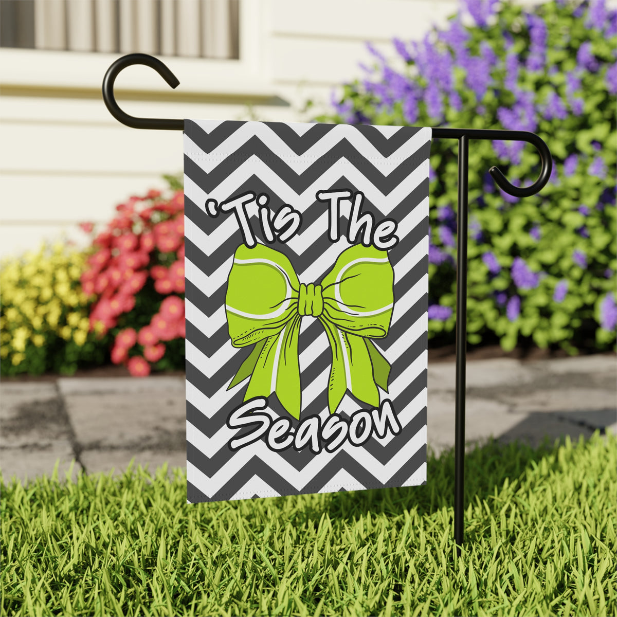 'Tis The Season Garden Flag — Chevron Green Bow Outdoor Banner