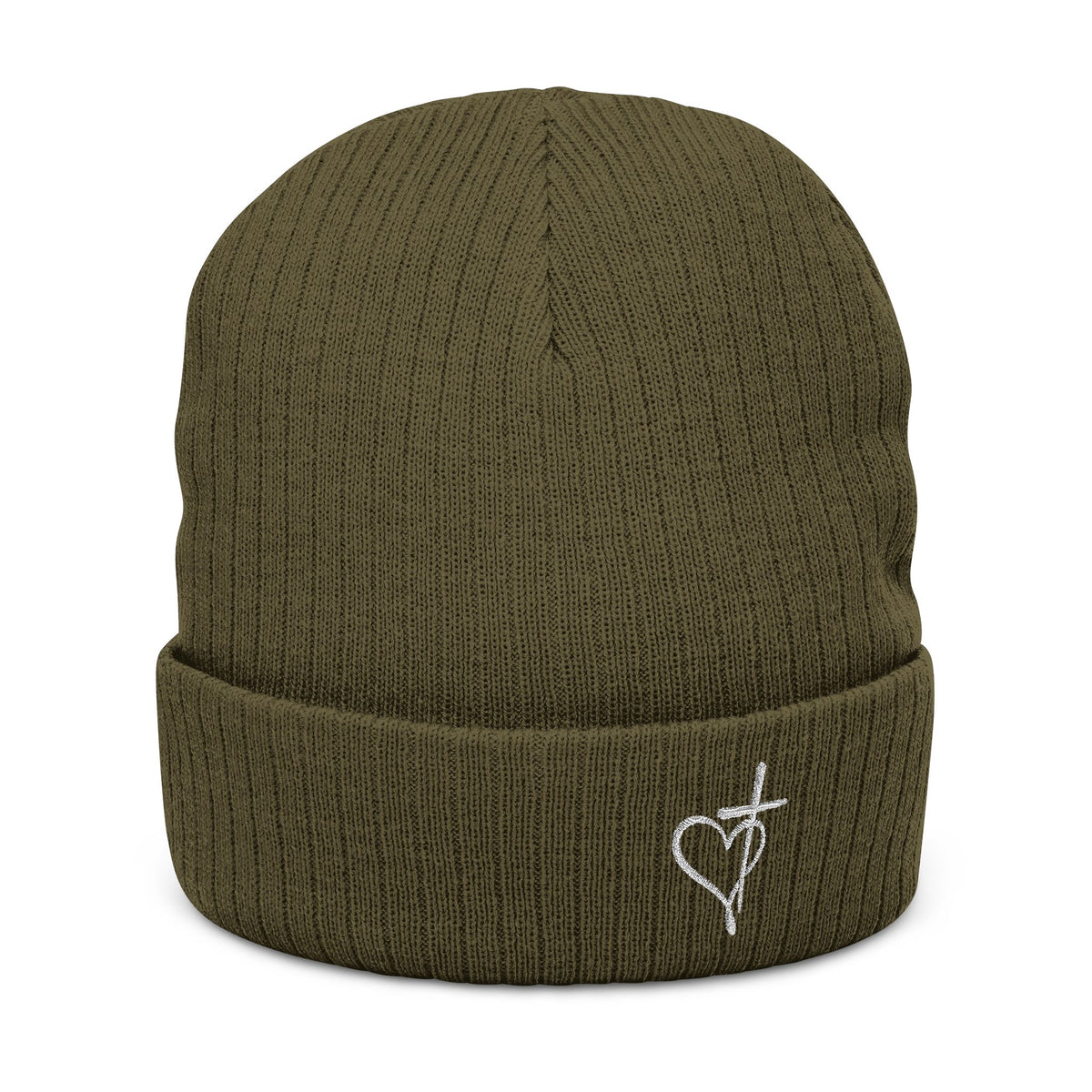 Embroidered Heart & Cross Ribbed Knit Beanie
