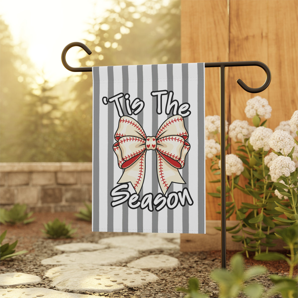 Baseball Bow Garden Flag – "'Tis The Season" Striped House Banner