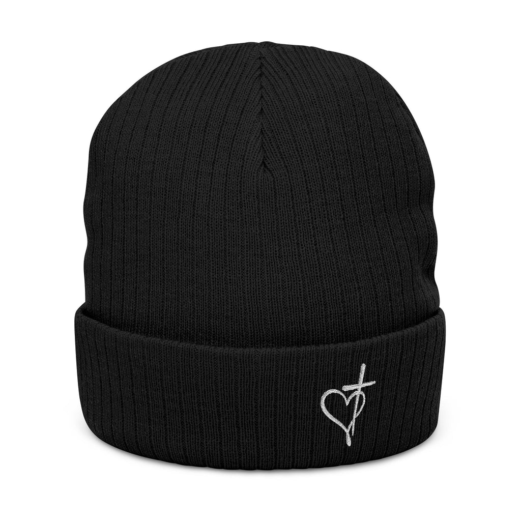 Embroidered Heart & Cross Ribbed Knit Beanie